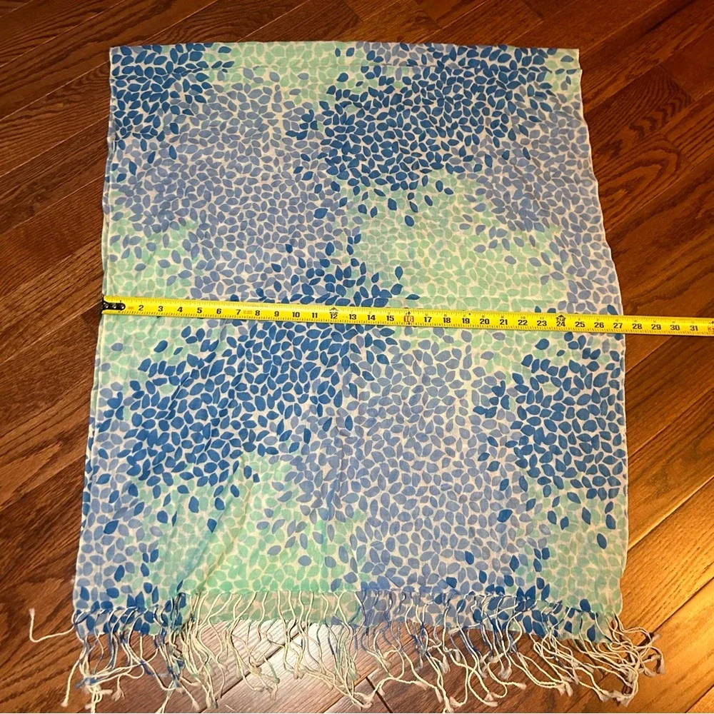 Blue and Green Leaf Pattern Scarf with Fringe